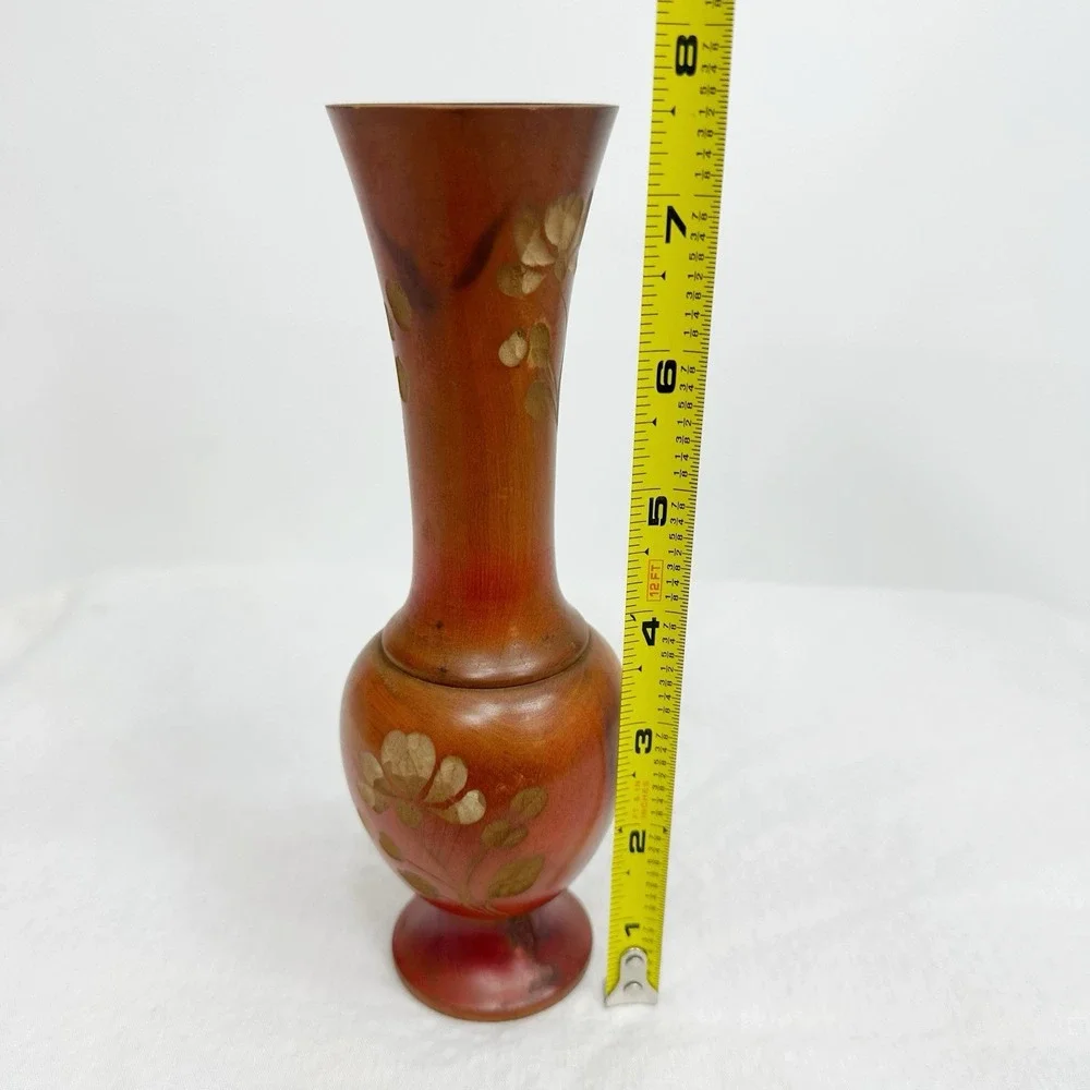 Vintage Hand Carved Painted Floral Red/brown Wooden Vase Mexico 7.5